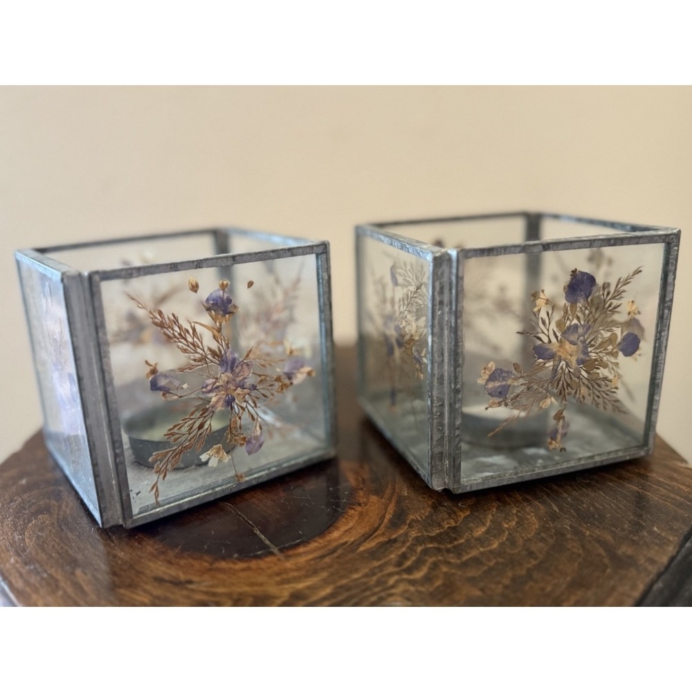 Vtg 2‎ Glass Pressed Flowers Candle Holder Pewter Tone Trim Square Cottagecore
